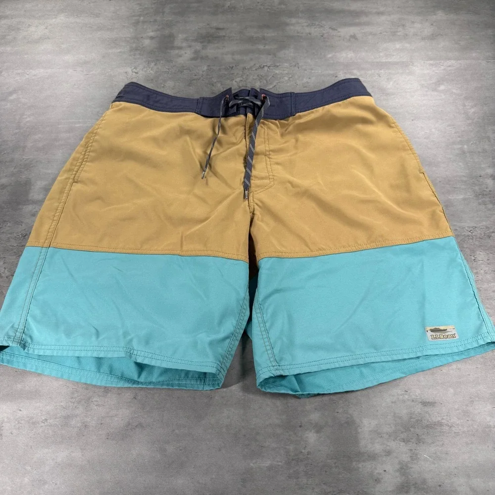 LL Bean Swim Trunks Mens XL‎ Blue Brown Lined Colorblock Surf Board Beach Pool